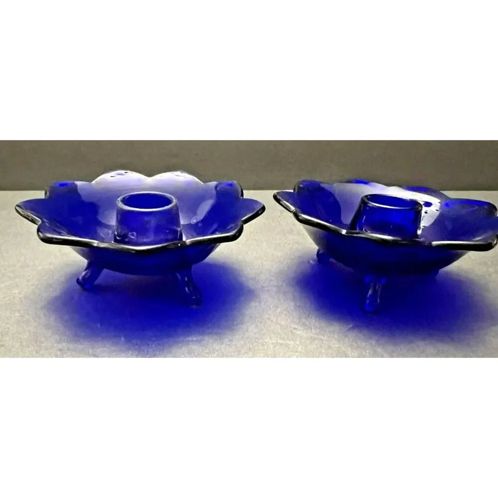 Vintage Fenton Cobalt Blue Glass Lotus Footed Candlestick Holders – Set of 2